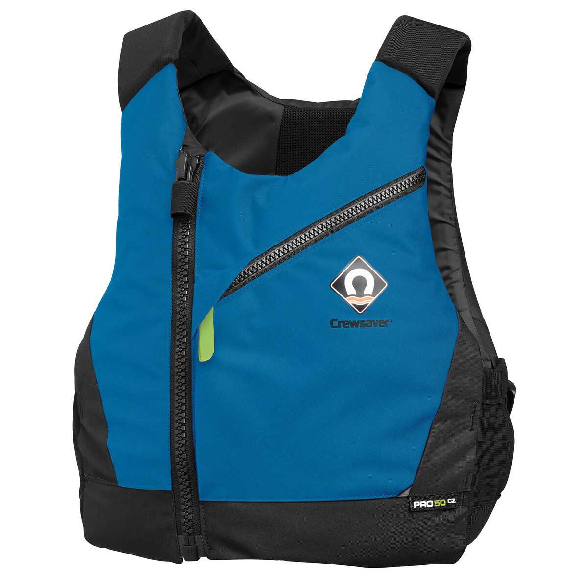 Blaue und schwarze Crewsaver Pro 50N CE Schwimmweste mit Reißverschluss und Logo auf der Vorderseite